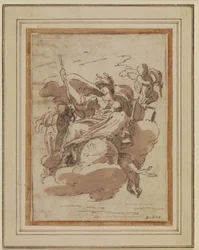 Allegorische Frauenfigur, sitzend auf Wolken