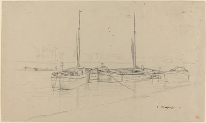 Boote auf dem Fluss mit Masten