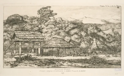 Einheimische Speicher und Behausungen in Akaroa, Banks-Halbinsel, Illustration aus 