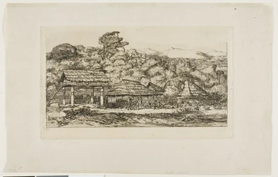 Einheimische Scheunen und Hütten in Akaroa, Banks-Halbinsel, 1845