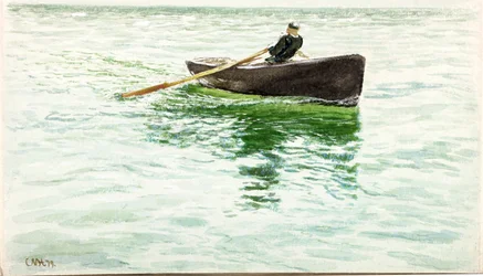 Mann rudert ein Beiboot