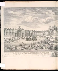 Gebundener Druck, Perspektivische Ansicht der Dekoration, die auf der Terrasse des Schlosses Versailles für die Illumination und das Feuerwerk errichtet wurde, das anlässlich der Hochzeit von Madame Louise-Élisabeth von Frankreich mit Don Philipp dem