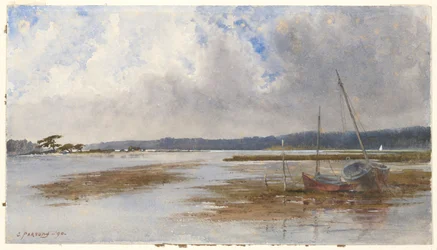 Flusslandschaft mit gestrandeten Booten