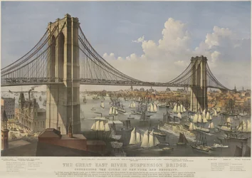 Die große East River Hängebrücke, veröffentlicht 1874 von Currier & Ives