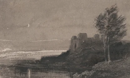 Ein Schloss am Wasser bei Mondlicht
