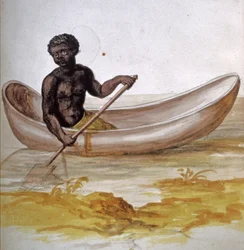 Junger Mann in einem Kanu in der Karibik, um 1686