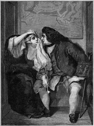 Illustration aus Laurence Sternes Roman „The Life and Opinions of Tristram Shandy, Gentleman“ (1713-1768): Onkel Toby und Witwe Wadman. Nach dem Gemälde von Charles Robert Leslie (1794-1859) auf der Ausstellung in Manchester. Gravur in „Le Monde Illustré“.