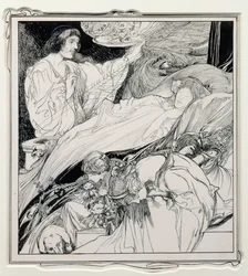 Dort lag sie, so schön aussehend, Illustration aus Briar Rose, Die wahren Annalen des Märchenlandes - Die Herrschaft von König Herla, veröffentlicht von J.M. Dent & Co. Ltd., 1900