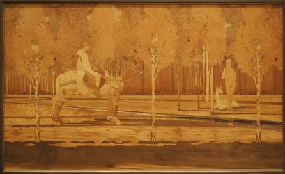 Die Dame und das Einhorn 1925 (Eiche und Intarsien aus verschiedenen Hölzern)