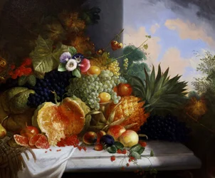 Stillleben mit Früchten (darunter Himbeeren, Trauben, Passionsfrüchte, Melonen, Johannisbeeren, Ananas, Pfirsiche). Gemälde von Charles Stuart