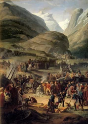 Die französische Armee in Bourg-Saint-Pierre für die Überquerung des Großen Sankt Bernhard am 20.05.1800. Gemälde von Charles Thevenin (1764-1838)