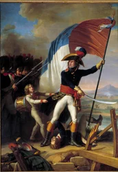 Der General Pierre Augereau (1757-1816) führt den Angriff auf die Brücke von Arcole am 15. November