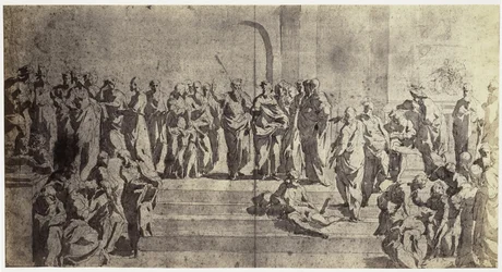 Fotoreproduktion einer Zeichnung von Raffael, Studie für Die Schule von Athen