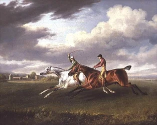 Zwei Rennpferde mit Jockeys, die in einer Landschaft trainieren