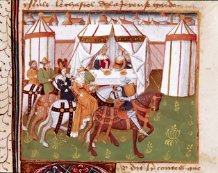 Ankunft der Ritter beim Festmahl von König Artus und Königin Guenievre in Camelot. Miniatur aus „Romanesque du Chevalier Tristan“ von Meister Charles von Maine (1440-1460). Chantilly, Condé-Museum