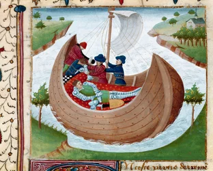Beerdigung auf See. Miniatur aus „Romanesque du Chevalier Tristan“ von Meister Charles von Maine