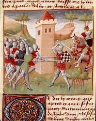 Lancelot du Lac kämpft gegen Ritter, Miniatur aus 