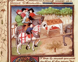 Lucan wird von Tristan verwundet. Miniatur aus „Romanesque du Chevalier Tristan“ von Meister Charles von Maine (Beroul-Version)