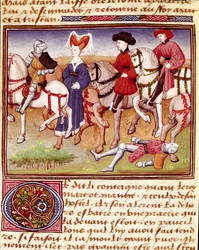 Königin Iseut (oder Iseult) begleitet von Reitern, Miniatur aus 
