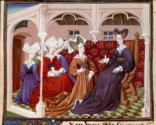 Königin Iseut spricht mit ihren Gefährtinnen. Miniatur aus 