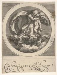 Jupiter, sitzend über zwei Adlern und Amor umarmend, eine runde Komposition aus einer Serie, ca. 1590