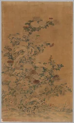Kesi-Panel: Felsen und Chrysanthemen