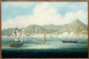 Ein Blick auf Victoria, Hongkong mit britischen Schiffen und anderen Schiffen, ca. 1850