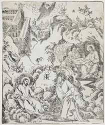 Christus in der Wüste, Platte aus Giulio Alenis Tianzhu jiangsheng zhuxiang jingjie (Eine illustrierte Geschichte des Herrn des Himmels, der Fleisch geworden ist), Jinjiang Kirche, Provinz Fujian