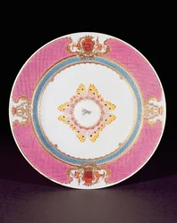 Essteller in Famille Rose bemalt mit den Wappen der Grimaldi di Castro, Yongzheng-Periode (1723-35) um 1735
