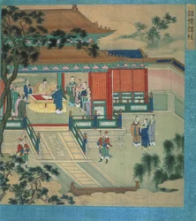 Kaiser Hsien Ti (fl. 189-220) mit Gelehrten, die klassische Texte übersetzen, aus einer Geschichte der chinesischen Kaiser