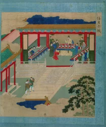 Kaiser Hui Tsung (r. 1100-26) nimmt an einem Fest teil, bei dem er aus einem Becher aus Edelstein trinkt, aus einer Geschichte der chinesischen Kaiser