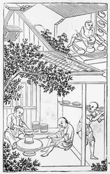 Formen und Platzieren auf der Töpferscheibe, aus einer Serie von Illustrationen zur Herstellung von Porzellan