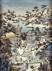 Paneel, das einen Würdenträger mit Begleitern zeigt, die eine Tänzerin beobachten, Qianlong-Periode, 1736-95 (eines von einem Paar)