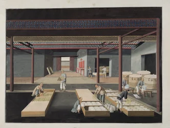 Das Verpacken und Versenden von Schalen und Tellern, Platte 12 aus einer Serie von zwölf, die den Herstellungsprozess von chinesischem Porzellan darstellen, 19. Jahrhundert