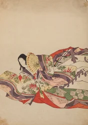Sitzende, nach vorn geneigte Hofdame mit Fächer, Tafel aus dem Album: Nishiki-zuri onna sanju rokkasen e-zukushi