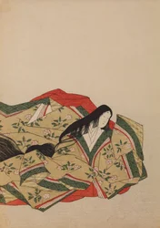 Sitzende Hofdame in olivgrauem Gewand mit Kirschblütenmotiv, Tafel aus dem Album: Nishiki-zuri onna sanju rokkasen e-zukushi