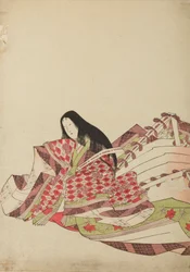 Sitzende Hofdame in einem Gewand mit weißen und roten Rauten, Tafel aus dem Album: Nishiki-zuri onna sanju rokkasen e-zukushi
