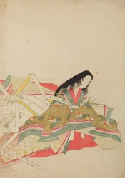 Sitzende Hofdame in einem Gewand mit Hōō-Vogelmuster, Tafel aus dem Album Nishiki-zuri onna sanju rokkasen e-zukushi
