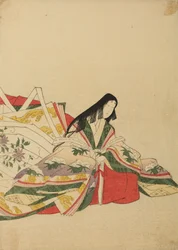 Sitzende Hofdame, auf einen Fächer gestützt, Tafel aus dem Album: Nishiki-zuri onna sanju rokkasen e-zukushi