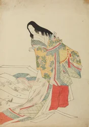 Stehende Hofdame mit Fächer, Tafel aus dem Album „Nishiki-zuri onna sanju e-zukushi“