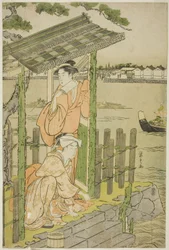 Versammlung in einem Teehaus am Ufer des Sumida-Flusses