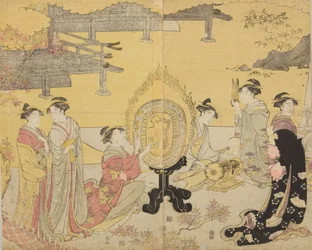 Gruppe von Frauen mit Musikinstrumenten, aus der Serie Furyu yatsushi Genji