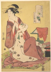 Die Kurtisane Hinazuru aus dem Freudenhaus Chōjiya (Chōjiya Hinazuru), aus der Serie Schönheiten der Freudenviertel als sechs unsterbliche Blumendichter (Seirō bijin rokkasen)