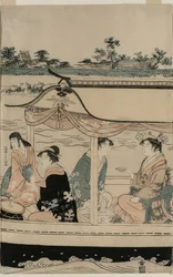 Frauen in einem Vergnügungsboot auf dem Sumida-Fluss