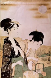 Den Mond bewundern: zwei rauchende Frauen. Drucke von Choki Eishosai (aktiv Ende des 18. Jahrhunderts - Anfang des 19. Jahrhunderts)
