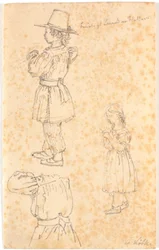 Junge mit Stange und strickendes Mädchen