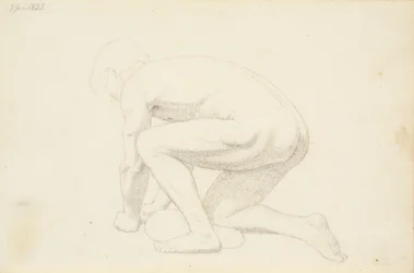 Männliches Modell, das auf den Armen und dem rechten Knie gestützt liegt, von der Seite gesehen und nach links gewandt