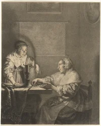 Interieur mit Dame und Dienstmädchen bei Kerzenlicht