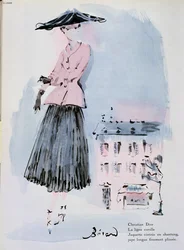 Modetafel von Christian Dior, Illustration aus der Zeitschrift „Vogue“, Juni 1947