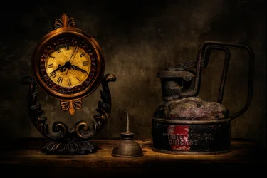 Vintage-Uhr und Ölkanne